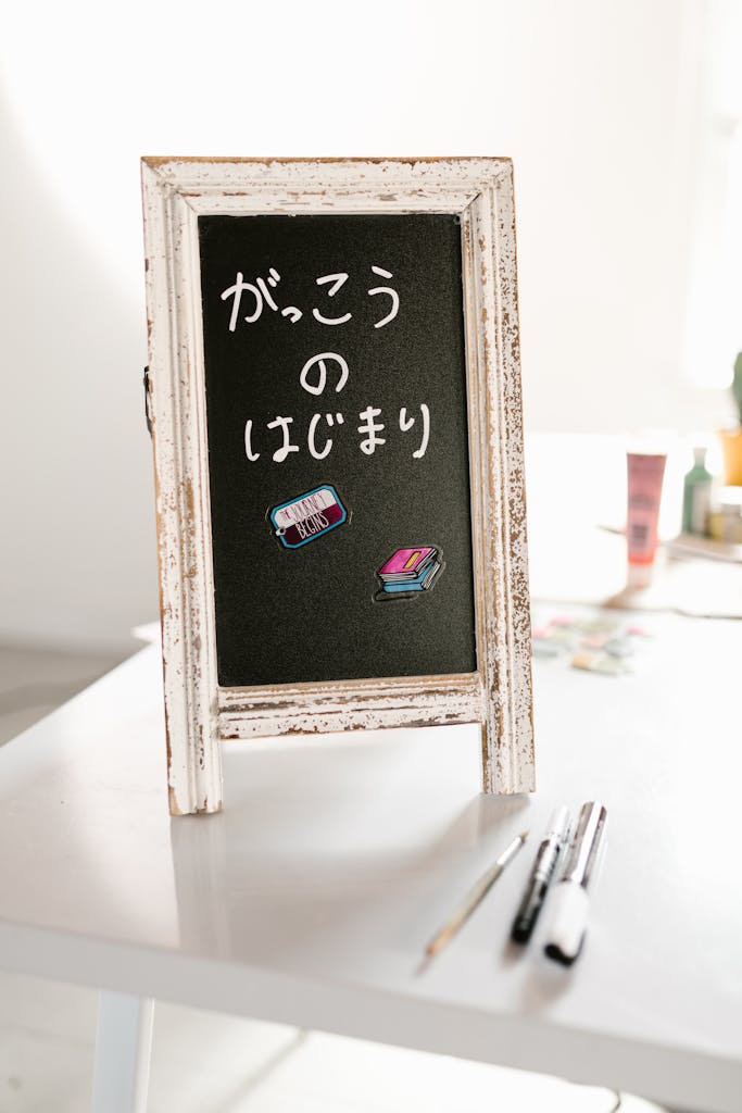 Japanese chalkboard sign on a desk with art supplies. Ideal for schools or creative themes.